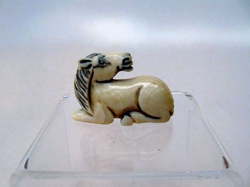 Japanese Carved Netsuke of a Resting Horse; Signed Issan
