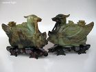 Chinese Pair of Russett Jade Birds on Stands