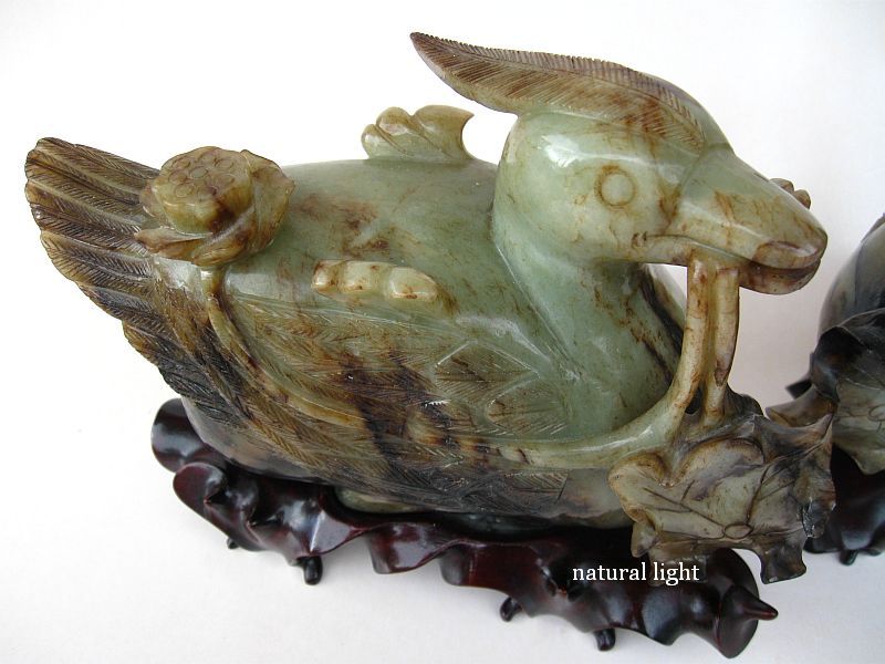 Chinese Pair of Russett Jade Birds on Stands