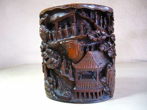 Chinese Deeply-carved Bamboo Brush Pot, 19th Century