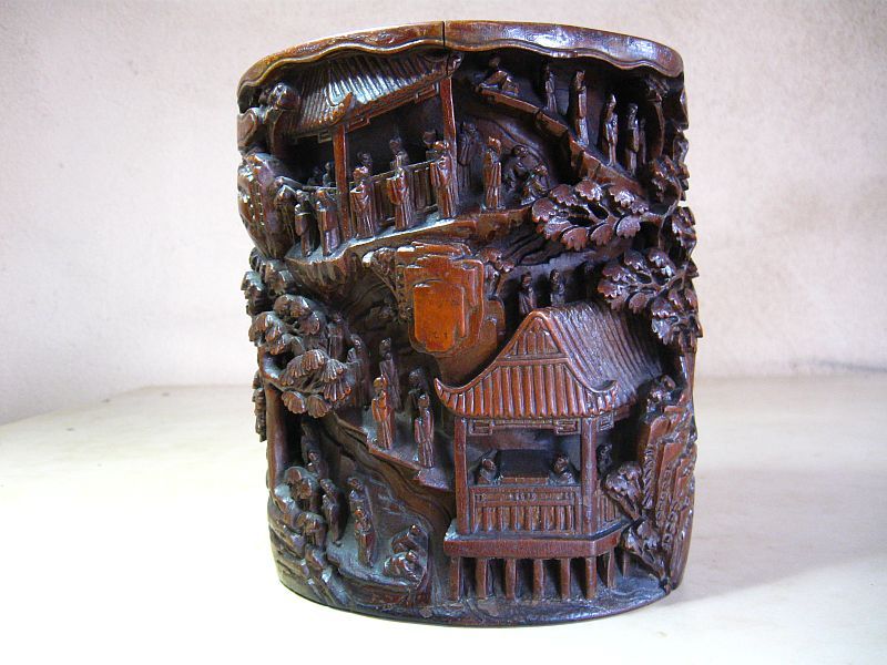 Chinese Antique Bamboo Brush Pot Carved with Scholars - Zentner Collection