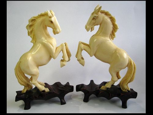 Chinese Pair of Carved Horses/Okimono on Stands