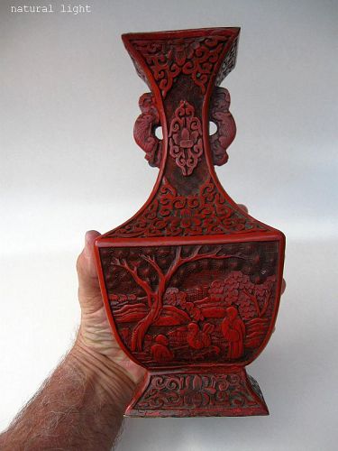 Chinese Cinnabar Vase With Animal Handles