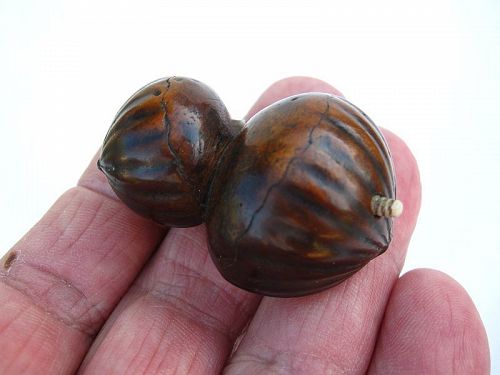 Japanese Wooden Netsuke of a Group of Chestnuts, with Grubs