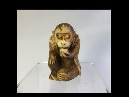 Japanese Carved Netsuke of a Seated Monkey Eating a Peach, by Masanao