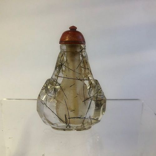 Chinese Rutilated Quartz Crystal Snuff Bottle, Coral Knop