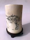 Chinese Carved Bitong Brush Pot on Timber Stand, Signed