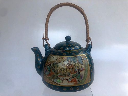 Japanese Satsuma Miniature Teapot with Rattan Handle, Signed