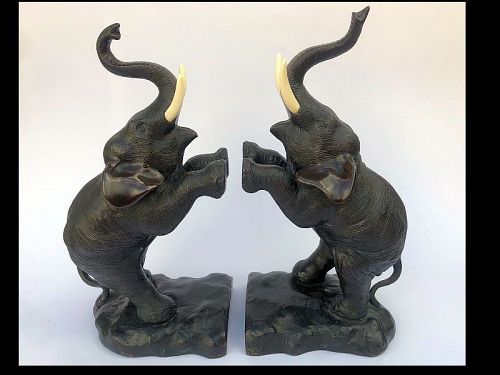 Japanese Pair of Bronze Elephant Bookends, Signed