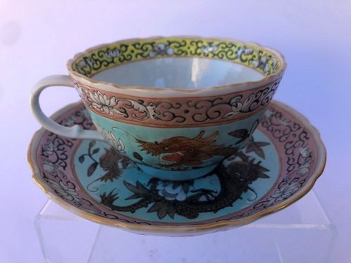 Chinese Porcelain Famille Rose Teacup and Saucer, Marked Guangxu