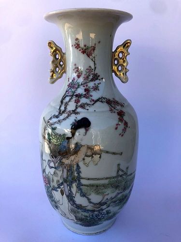 Chinese Porcelain Famille Rose Handled Vase
