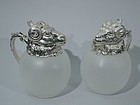 Pair of Neoclassical Camphor Glass Decanters with Rams' Heads