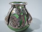 Alvin Art Nouveau Iridescent Green Glass Silver Overlay Bud Vase