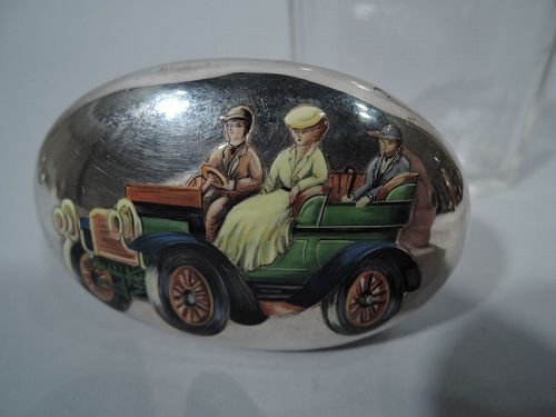 Nostalgic Motoring Days English Sterling Silver & Enamel Vanity Jar