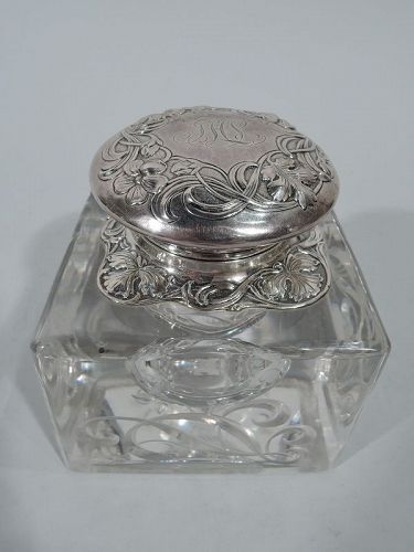 American Art Nouveau Sterling Silver and Glass Inkwell by Gorham