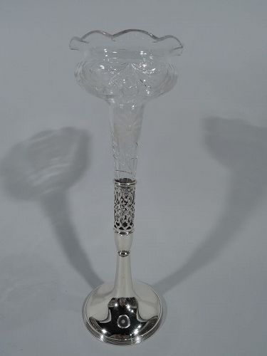 Elegant American Edwardian Sterling Silver & Crystal Vase