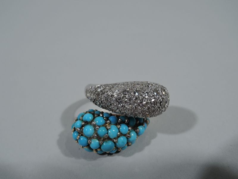 American 14K Gold Crossover Cocktail Ring with Diamonds and Turquoise