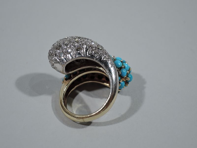 American 14K Gold Crossover Cocktail Ring with Diamonds and Turquoise