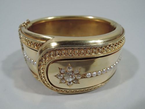 Antique English 18K Gold Cuff Bracelet with Pearls & Diamonds