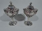 Pair of English Sterling Silver & Red Glass Strawberry Jam Compotes