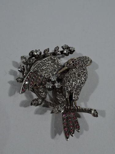 Charming Antique English Diamond and Ruby Bird Brooch