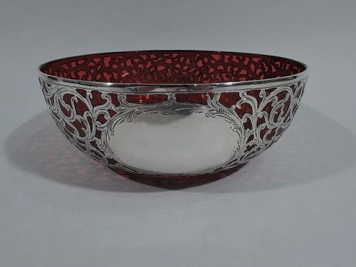 Beautiful Art Nouveau Red Glass & Silver Overlay Bowl by Alvin