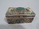 Antique Chinese Silver Gilt Filigree Box with Enamel and Carved Jade