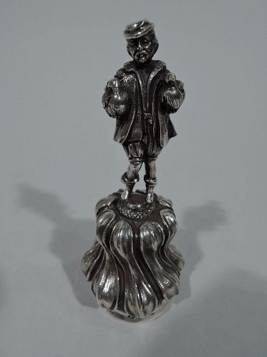 Antique Silver Belle with Figural Fowl-Bearing Countryman Handle