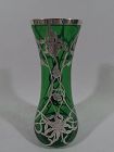 Antique American Art Nouveau Green Glass Silver Overlay Vase