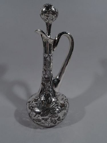 American Art Nouveau Silver Overlay Grapevine Decanter by Alvin