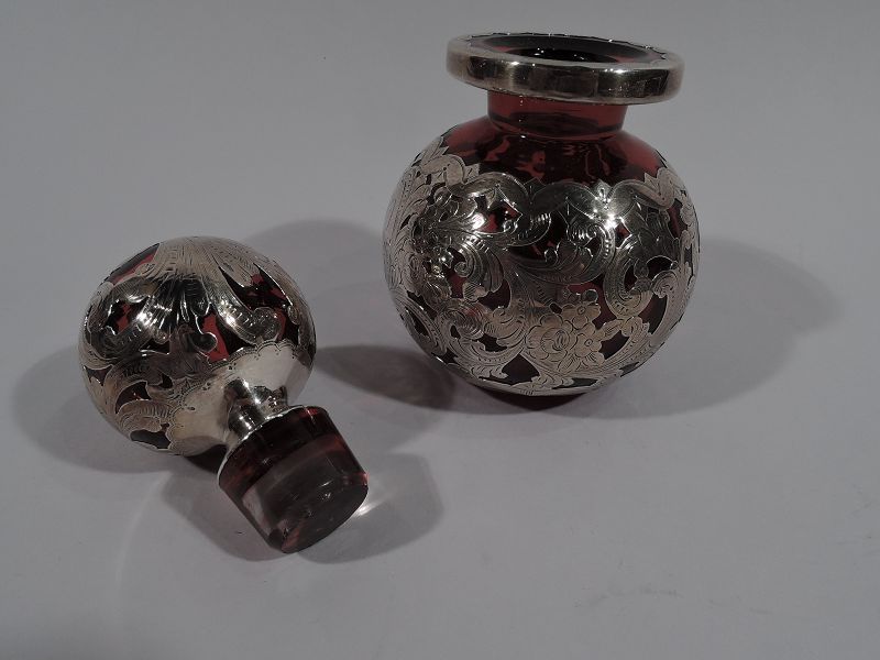 Early American Red Glass Silver Overlay Perfume by Gorham