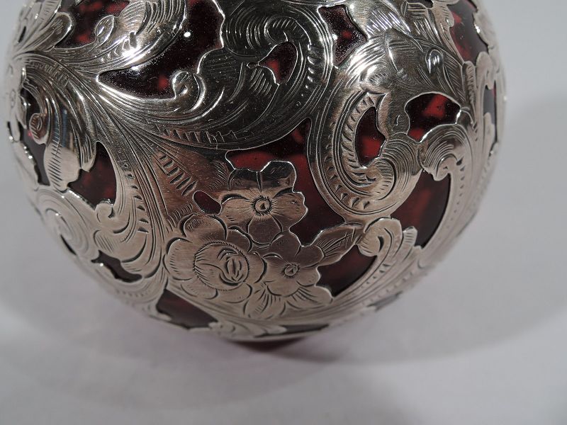 Early American Red Glass Silver Overlay Perfume by Gorham