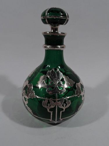 Large American Art Nouveau Green Glass Silver Overlay Perfume