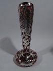 Antique American Art Nouveau Red Vase with Rose Silver Overlay