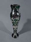 American Art Nouveau Green Glass Vase with Floral Silver Overlay