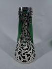 Art Nouveau Green Class Vase with Unusual Cased Silver Overlay