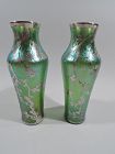 Pair of Loetz Green Art Glass Vases with Japonesque Silver Overlay