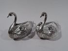 Pair of American Sterling Silver & Glass Figural Swan Bird Bowls