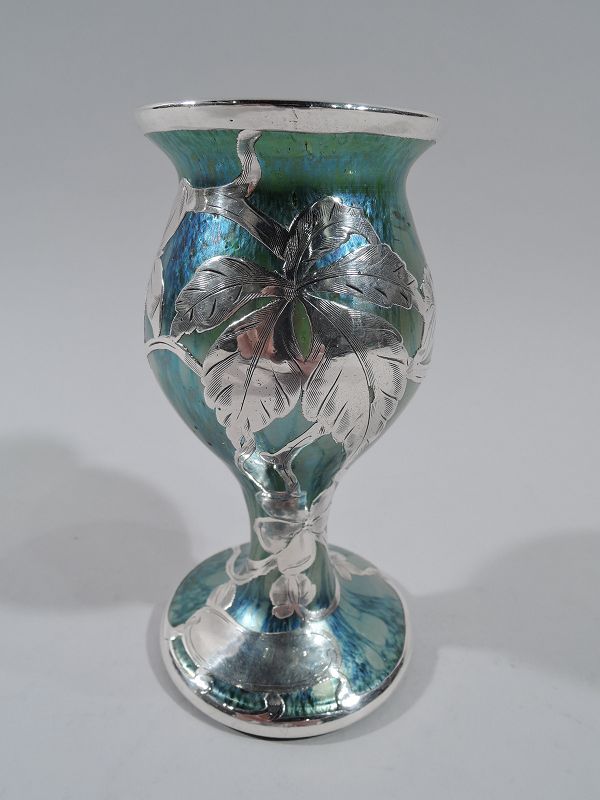 Art Nouveau Iridescent Green and Blue Glass Vase with Silver Overlay