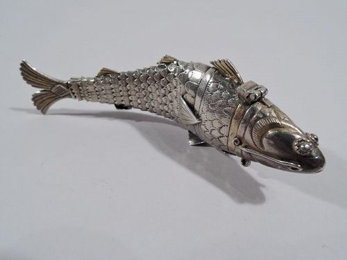 European Silver Reticulated Figural Fish Vinaigrette C 1880
