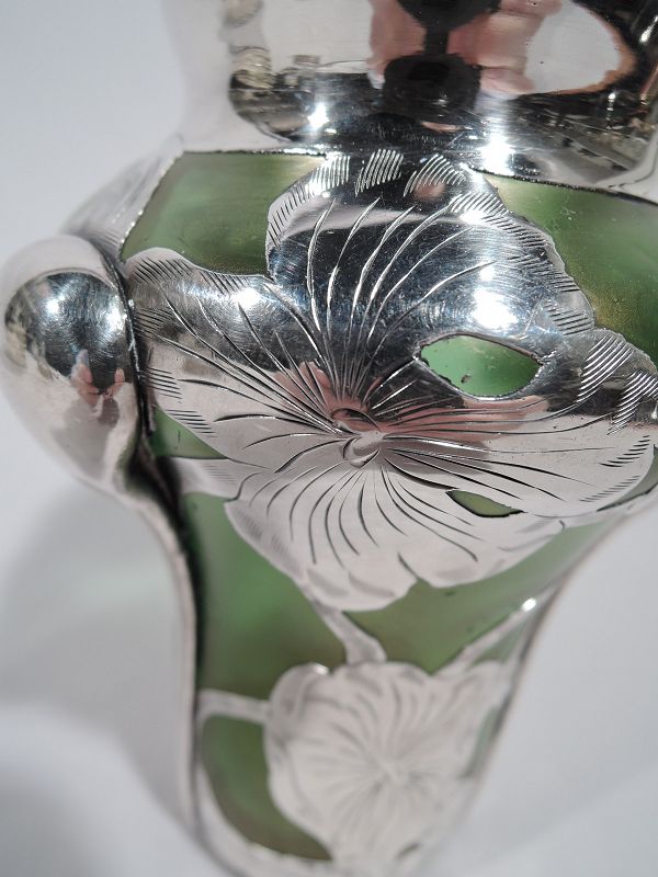Antique Austrian Art Nouveau Iridescent Glass Silver Overlay Vase
