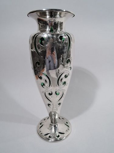 Large Antique Alvin Art Nouveau Green Silver Overlay Vase