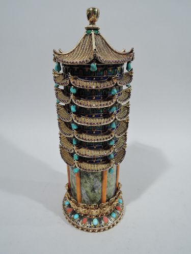 Antique Chinese Silver Gilt, Enamel, and Marble Pagoda Box