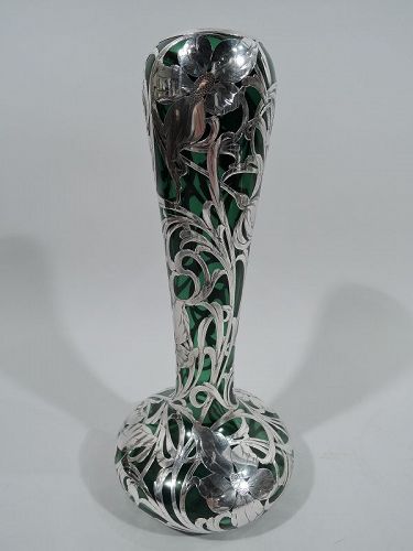 Tall Antique American Art Nouveau Green Silver Overlay Vase