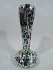Tall Antique American Art Nouveau Green Silver Overlay Vase