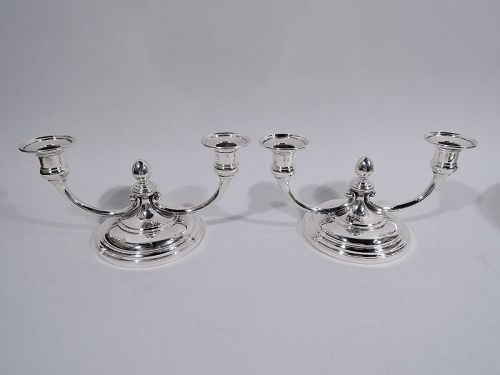 Pair of Tiffany Art Deco Sterling Silver Low 2-Light Candelabra C 1945