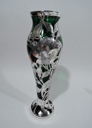 La Pierre Art Nouveau Green Silver Overlay Rose Vase