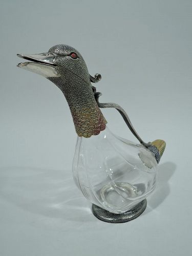 Italian Modern Sterling Silver and Enamel Quacking Duck Decanter