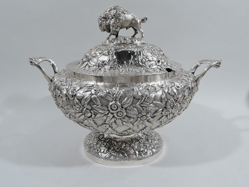 Antique American Coin Silver Tureen with Bison Buffalo Finial C 1850