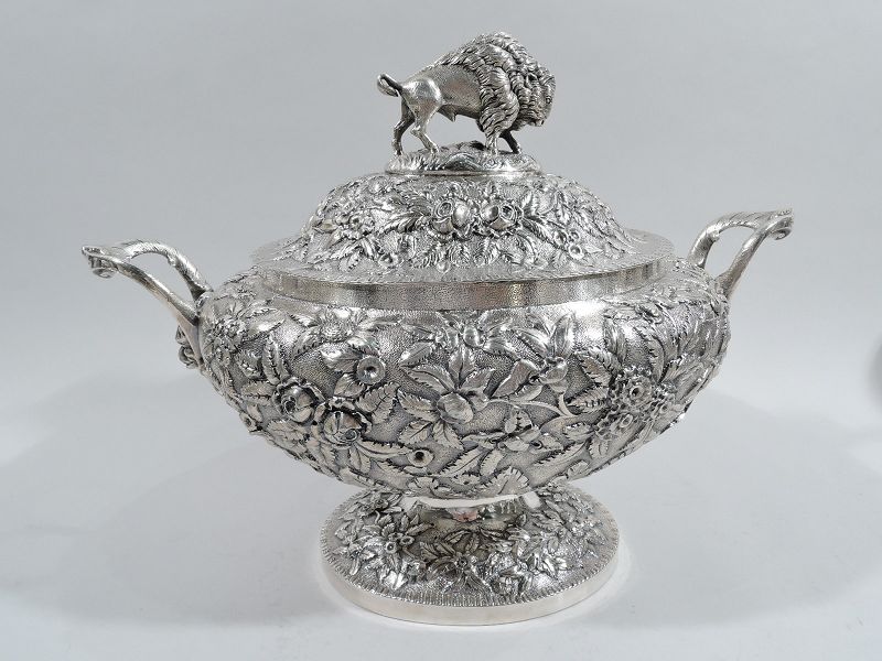 Antique American Coin Silver Tureen with Bison Buffalo Finial C 1850